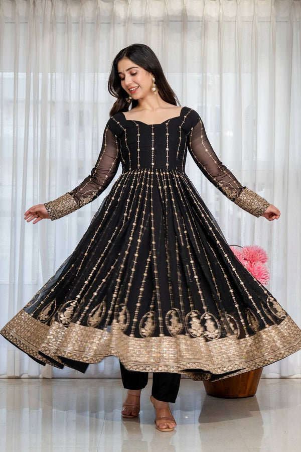Black Embroidered Kali Cut Gown ClothsVilla