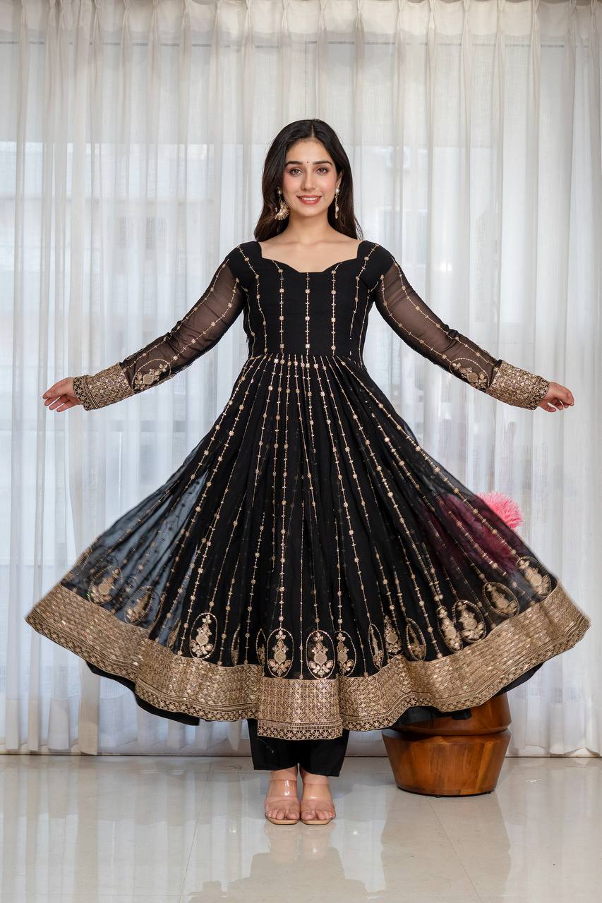 Black Embroidered Kali Cut Gown ClothsVilla