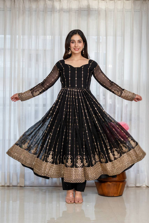 Black Embroidered Kali Cut Gown ClothsVilla