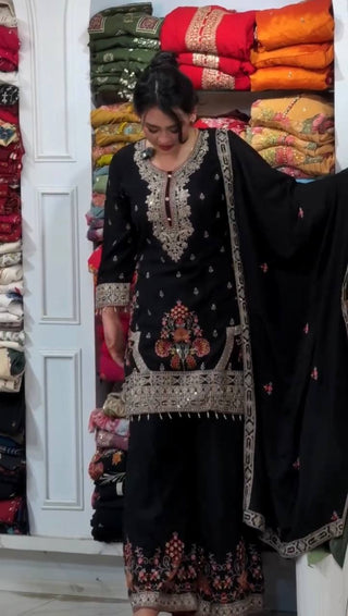 Black Embroidered Sequins & Dori Work Plazzo Set ClothsVilla