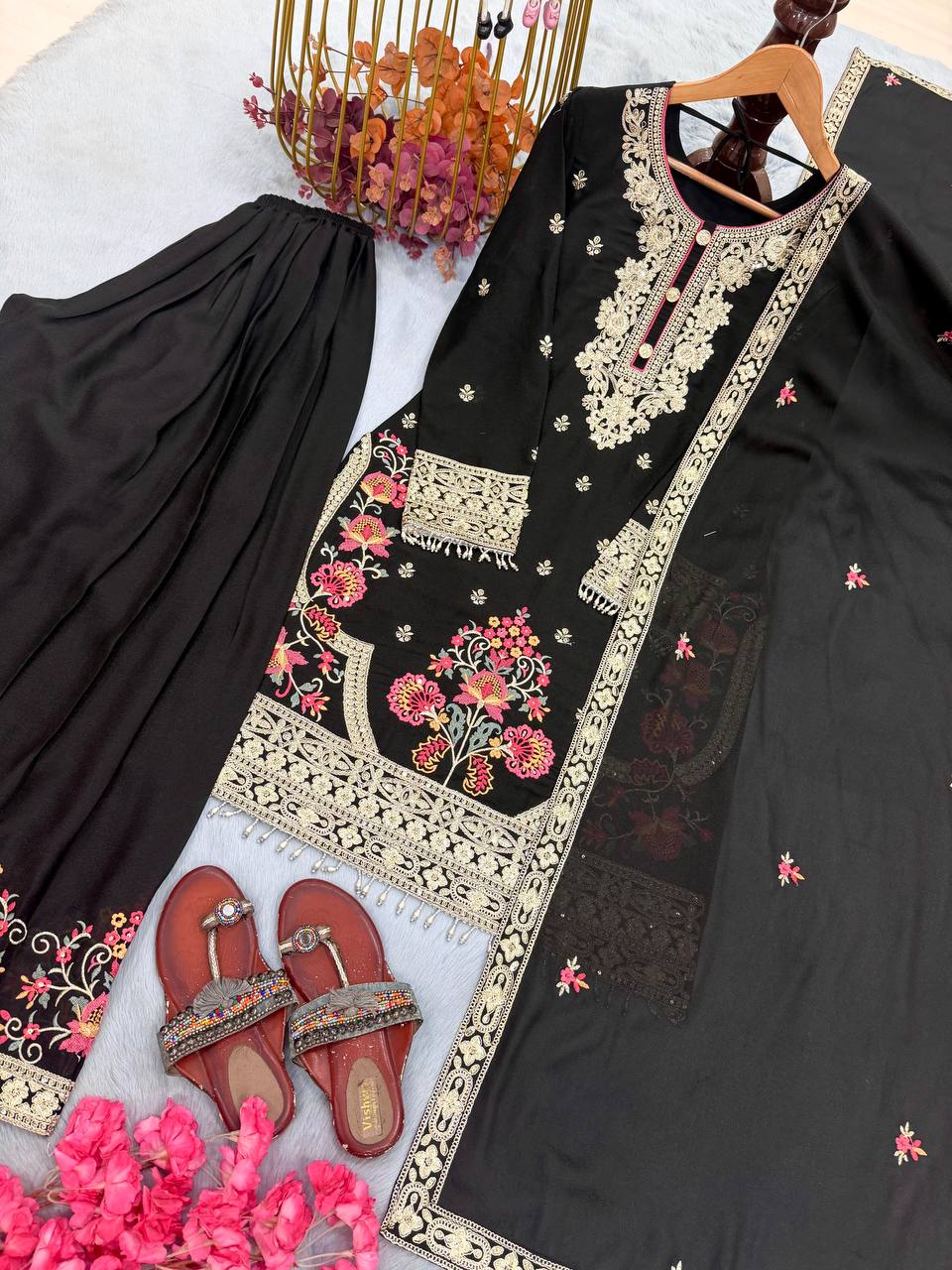 Black Embroidered Sequins & Dori Work Plazzo Set ClothsVilla