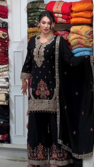 Black Embroidered Sequins & Dori Work Plazzo Set ClothsVilla