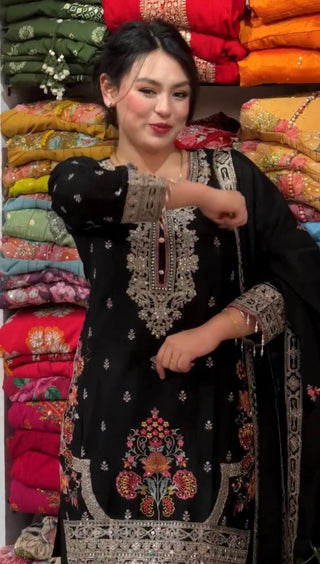 Black Embroidered Sequins & Dori Work Plazzo Set ClothsVilla
