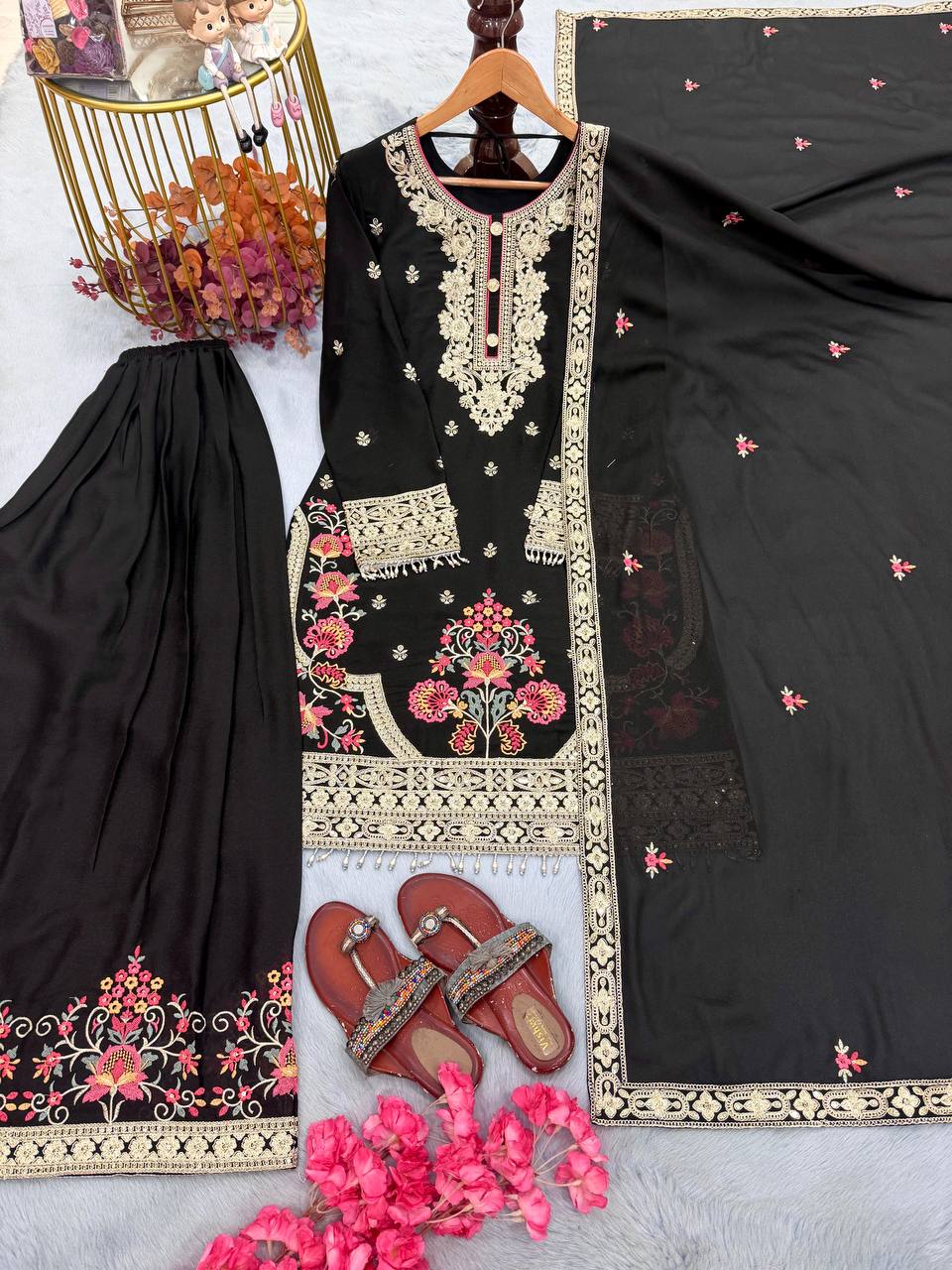 Black Embroidered Sequins & Dori Work Plazzo Set ClothsVilla