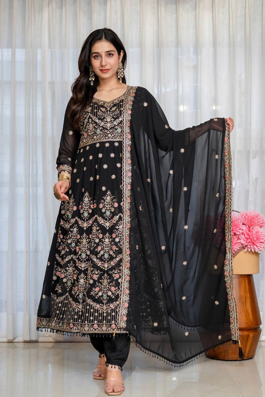 Black Embroidered Sequins Heavy Zari Work Suit Set ClothsVilla