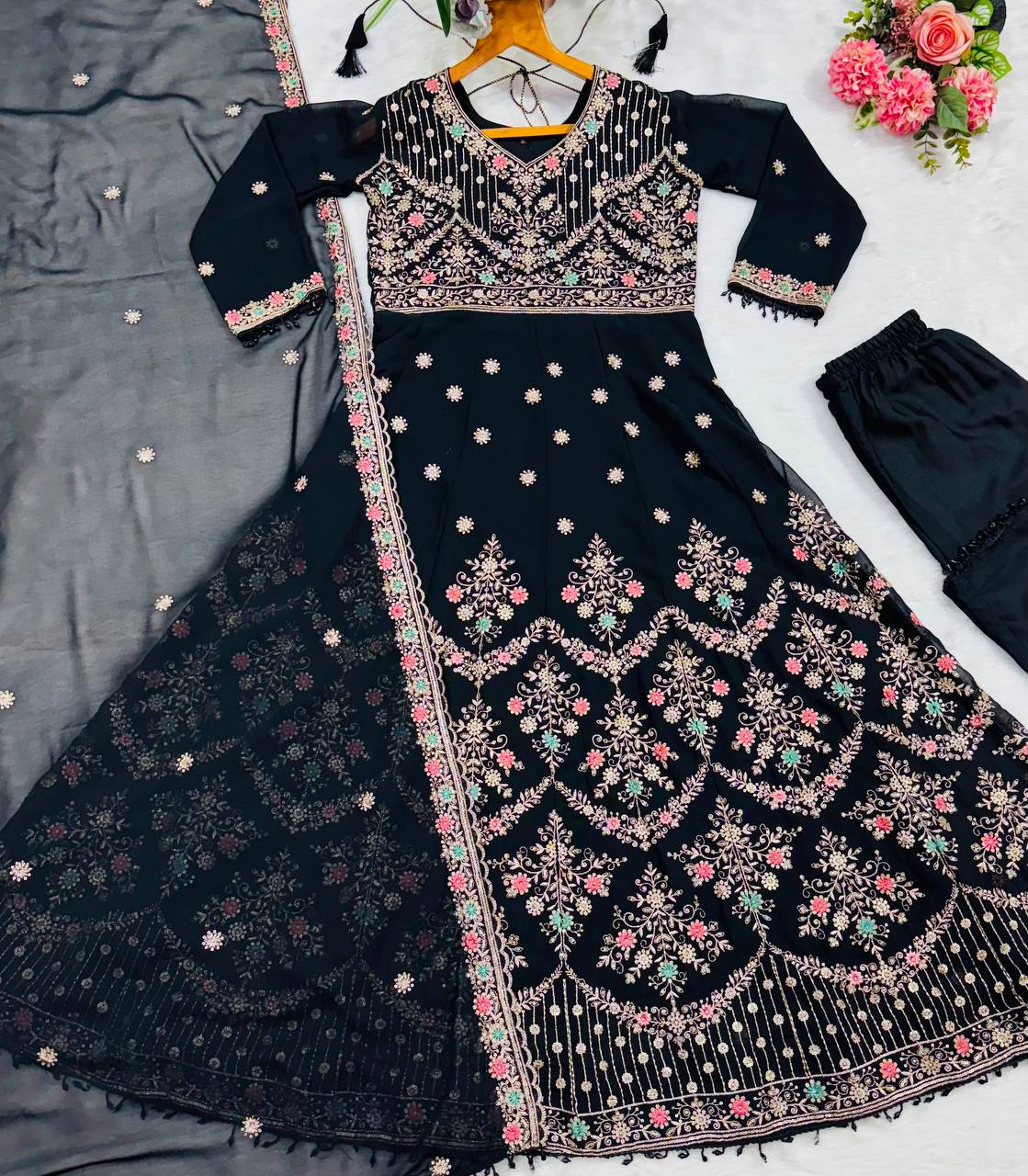 Black Embroidered Sequins Heavy Zari Work Suit Set ClothsVilla
