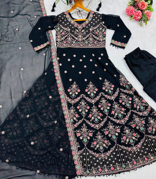 Black Embroidered Sequins Heavy Zari Work Suit Set ClothsVilla