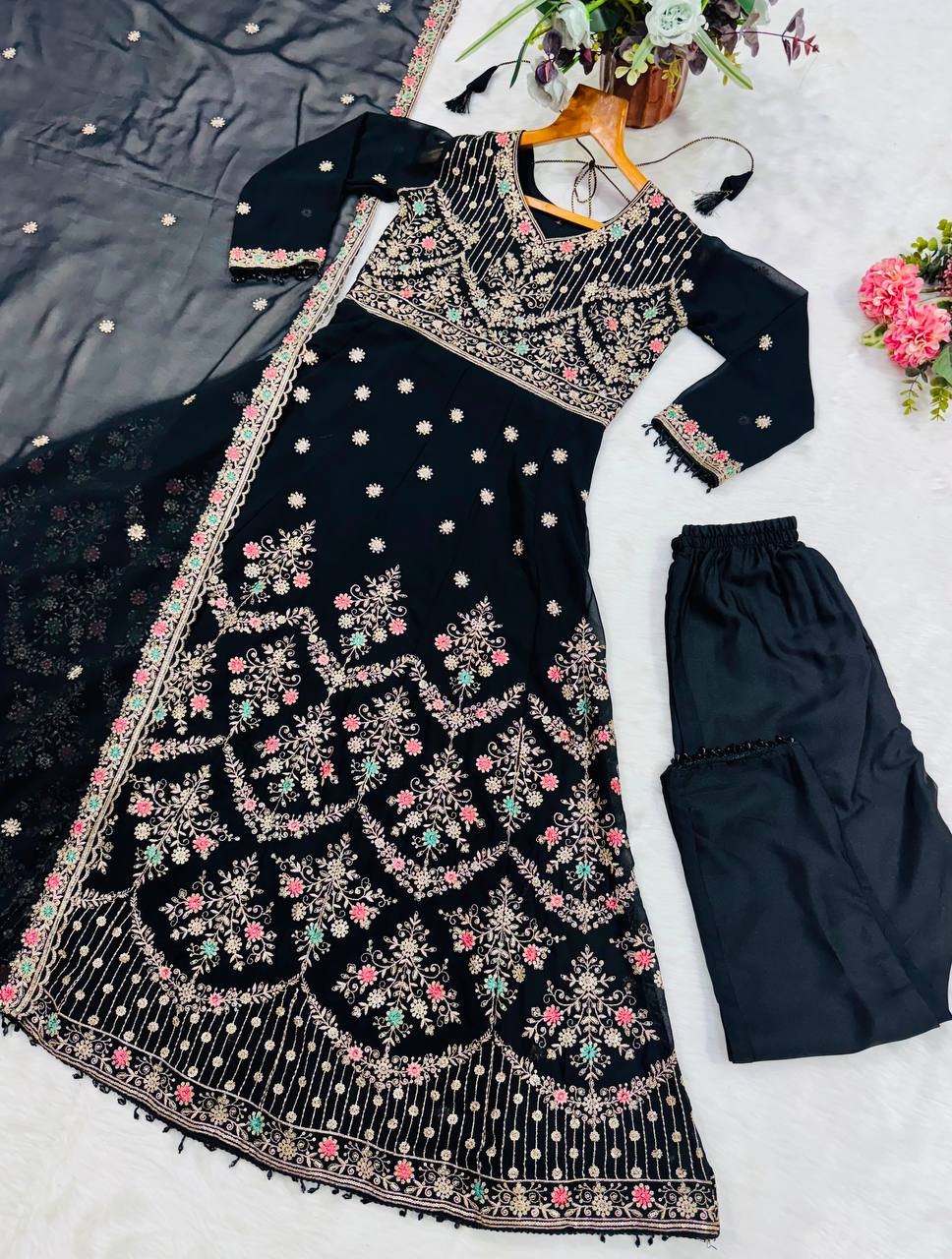 Black Embroidered Sequins Heavy Zari Work Suit Set ClothsVilla