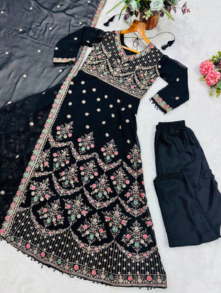 Black Embroidered Sequins Heavy Zari Work Suit Set ClothsVilla