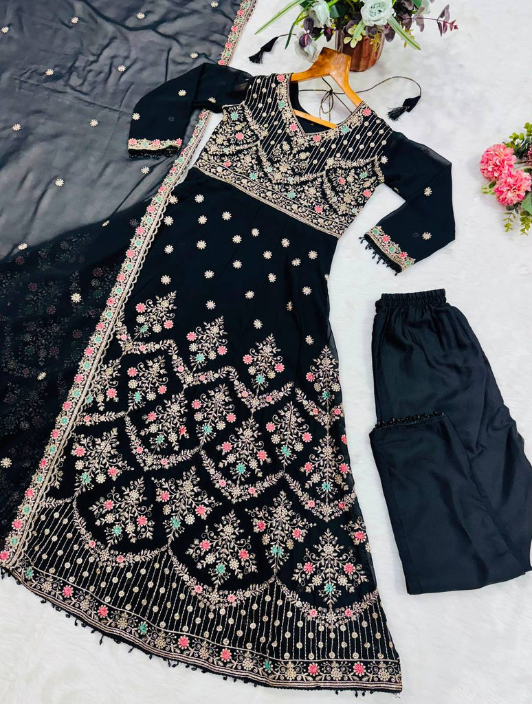 Black Embroidered Sequins Heavy Zari Work Suit Set ClothsVilla