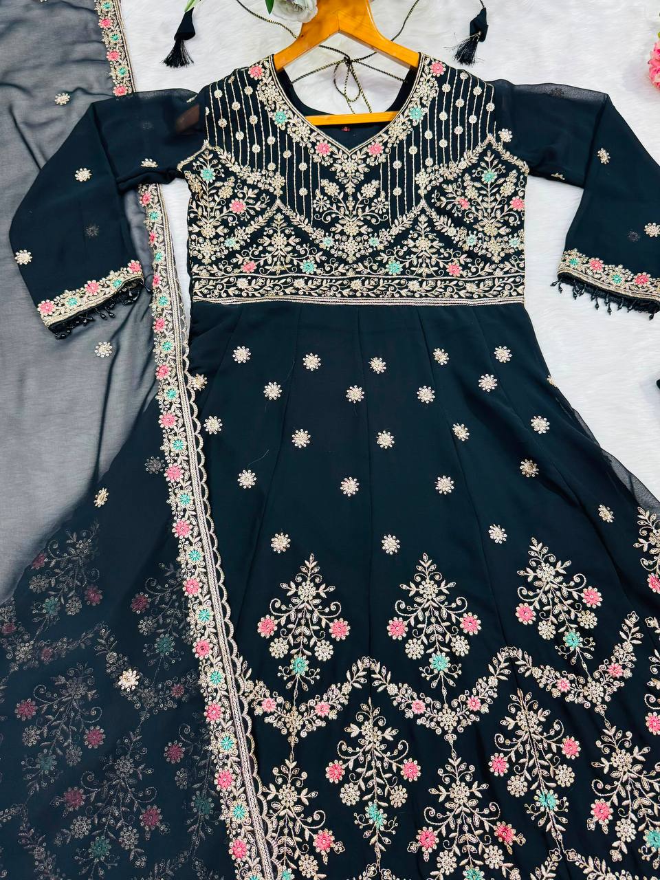 Black Embroidered Sequins Heavy Zari Work Suit Set ClothsVilla