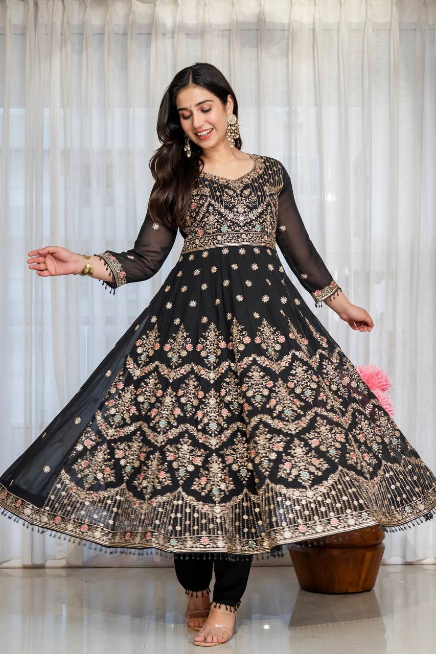 Black Embroidered Sequins Heavy Zari Work Suit Set ClothsVilla
