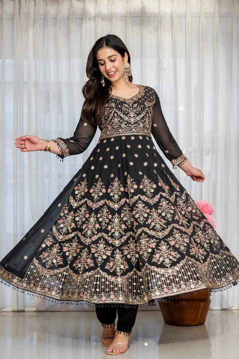 Black Embroidered Sequins Heavy Zari Work Suit Set ClothsVilla Main image