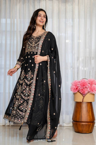 Black Embroidered Sequins Heavy Zari Work Suit Set ClothsVilla