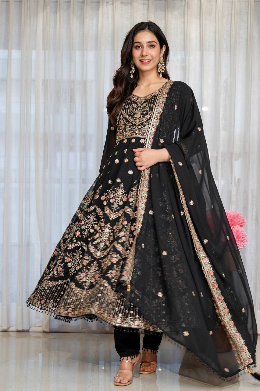 Black Embroidered Sequins Heavy Zari Work Suit Set ClothsVilla