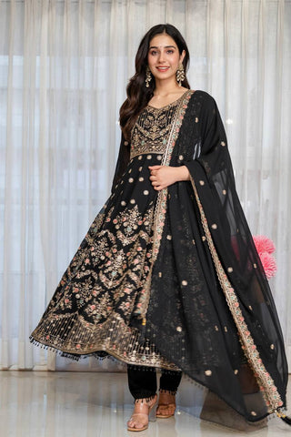 Black Embroidered Sequins Heavy Zari Work Suit Set ClothsVilla