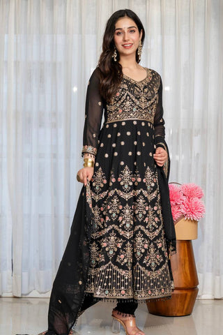 Black Embroidered Sequins Heavy Zari Work Suit Set ClothsVilla