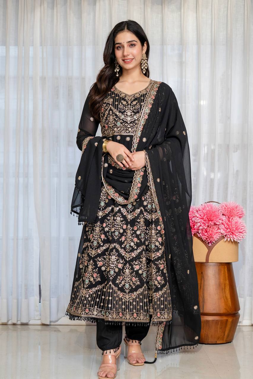 Black Embroidered Sequins Heavy Zari Work Suit Set ClothsVilla