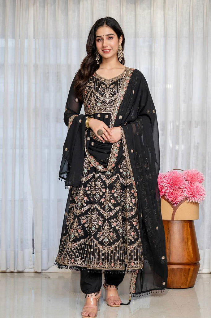 Black Embroidered Sequins Heavy Zari Work Suit Set ClothsVilla