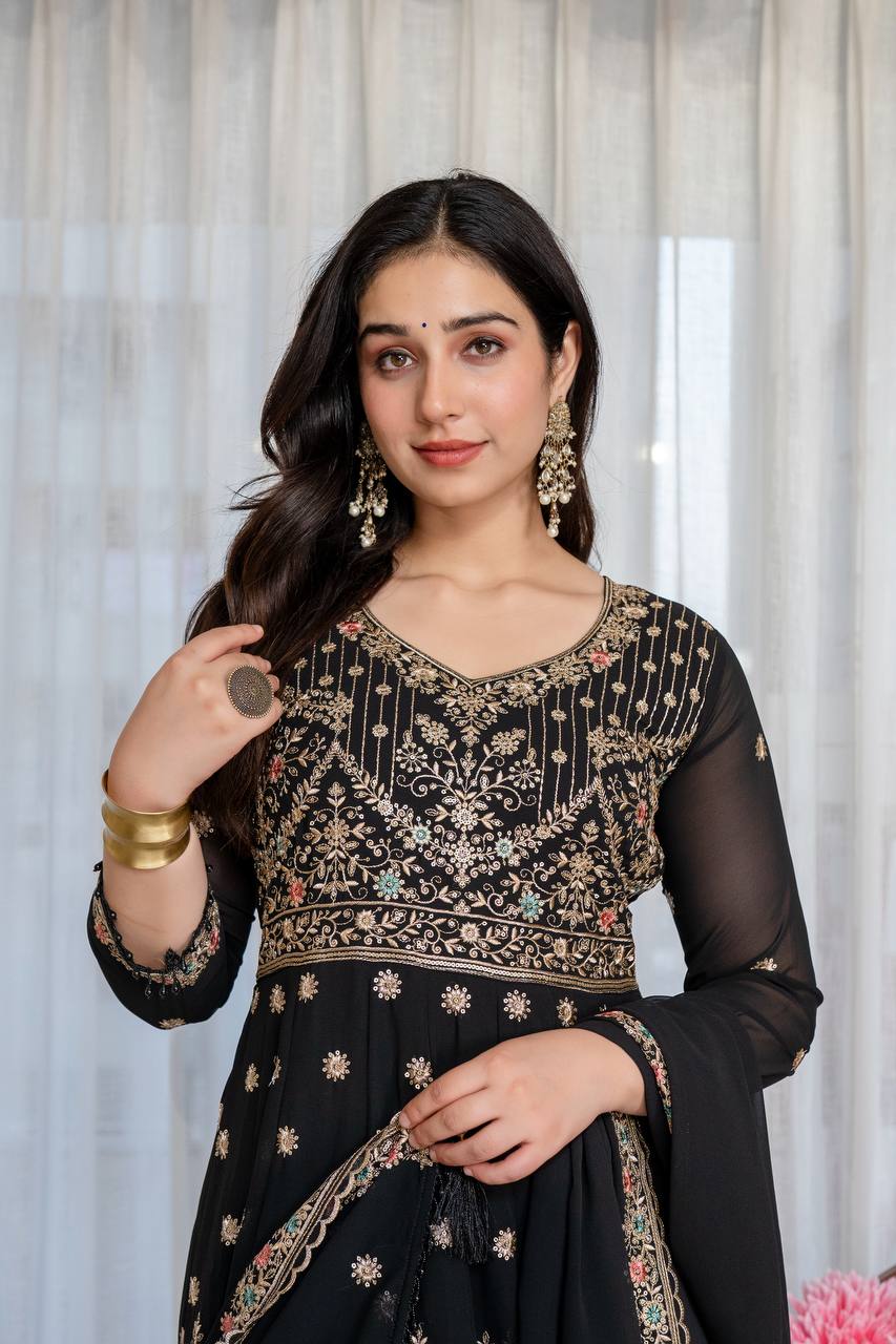 Black Embroidered Sequins Heavy Zari Work Suit Set ClothsVilla