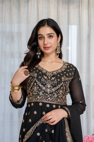 Black Embroidered Sequins Heavy Zari Work Suit Set ClothsVilla