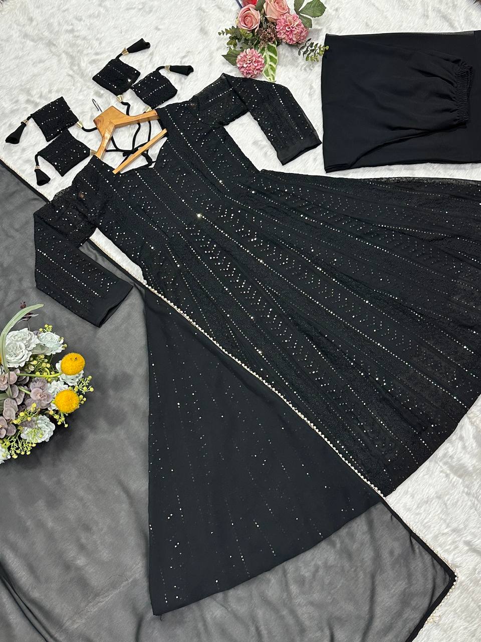 Black Embroidered Top Sharara Set ClothsVilla