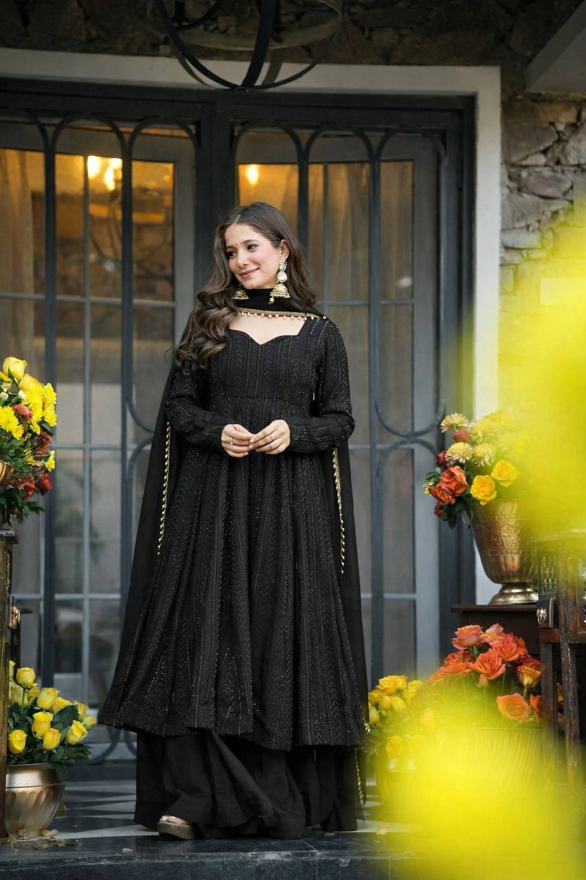 Black Embroidered Top Sharara Set ClothsVilla
