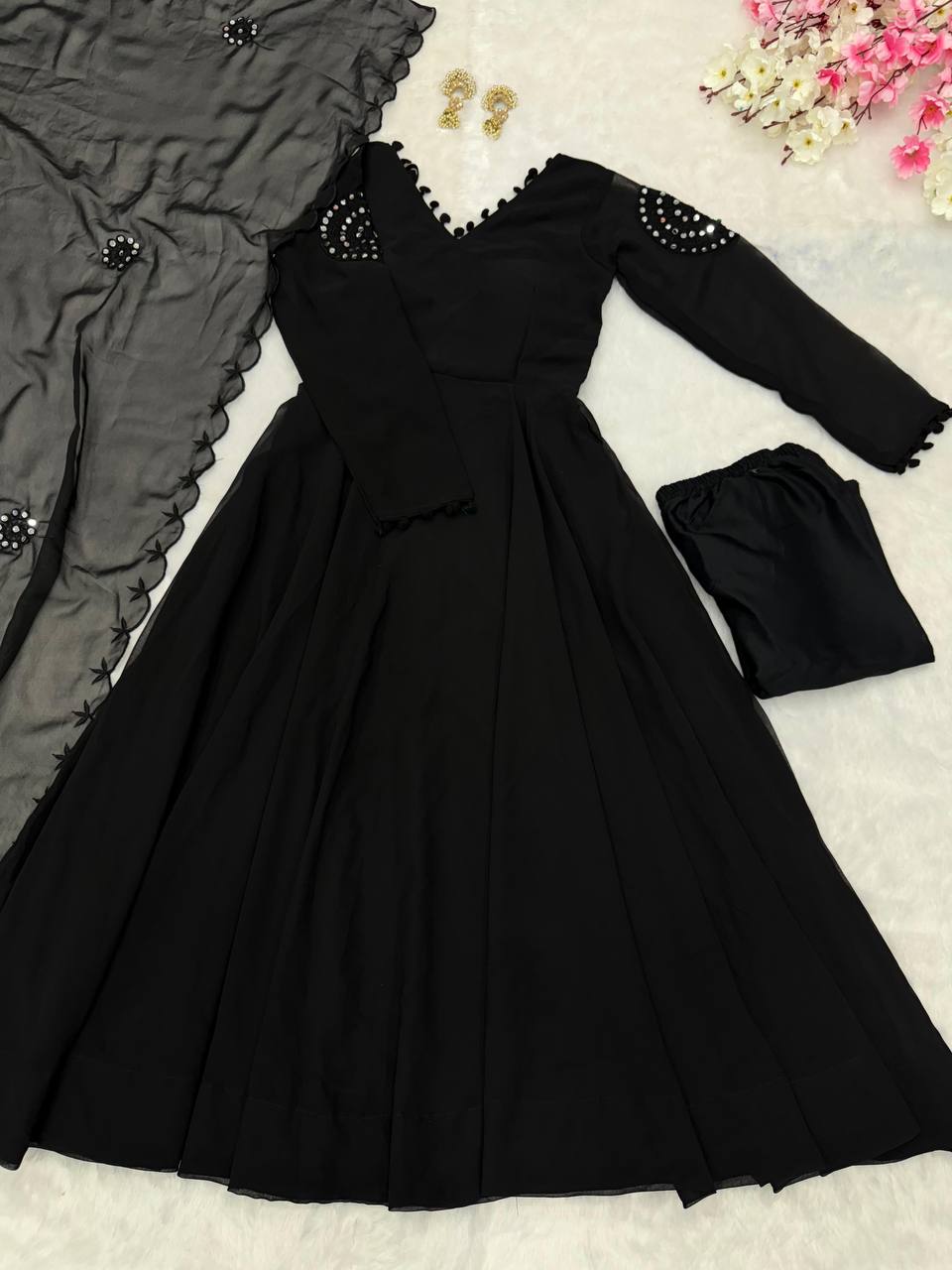 Black Exclusive Georgette Anarkali Set with Mirror Work Eid Special Clothsvilla