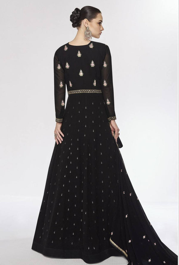 Black Exquisite Embroidered Faux Georgette Top & Jacket Set with Dupatta ClothsVilla