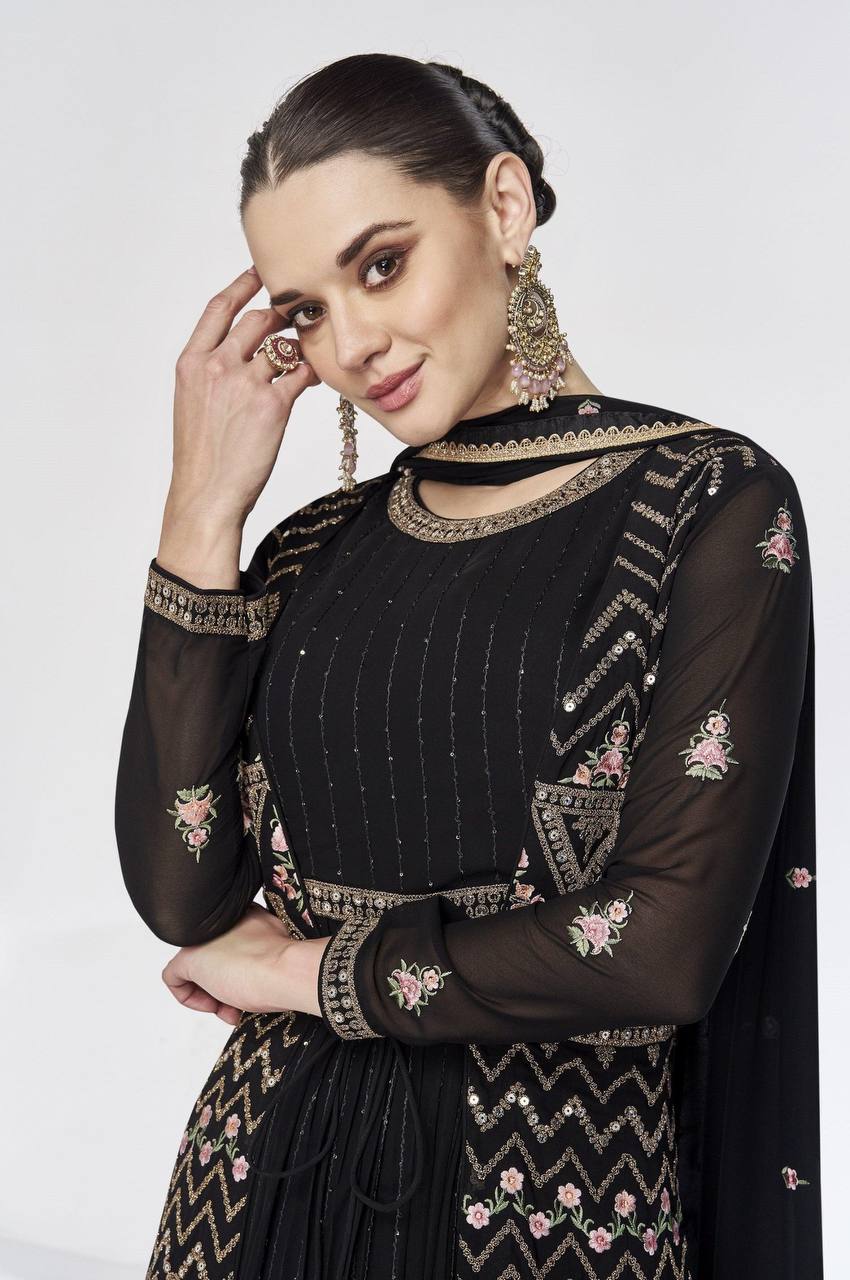 Black Exquisite Embroidered Faux Georgette Top & Jacket Set with Dupatta ClothsVilla