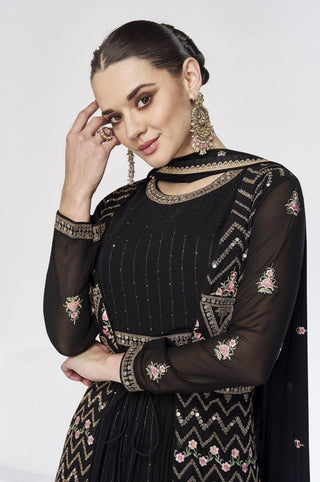 Black Exquisite Embroidered Faux Georgette Top & Jacket Set with Dupatta ClothsVilla
