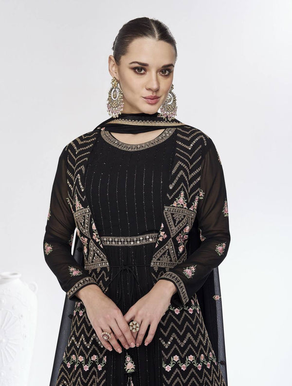 Black Exquisite Embroidered Faux Georgette Top & Jacket Set with Dupatta ClothsVilla