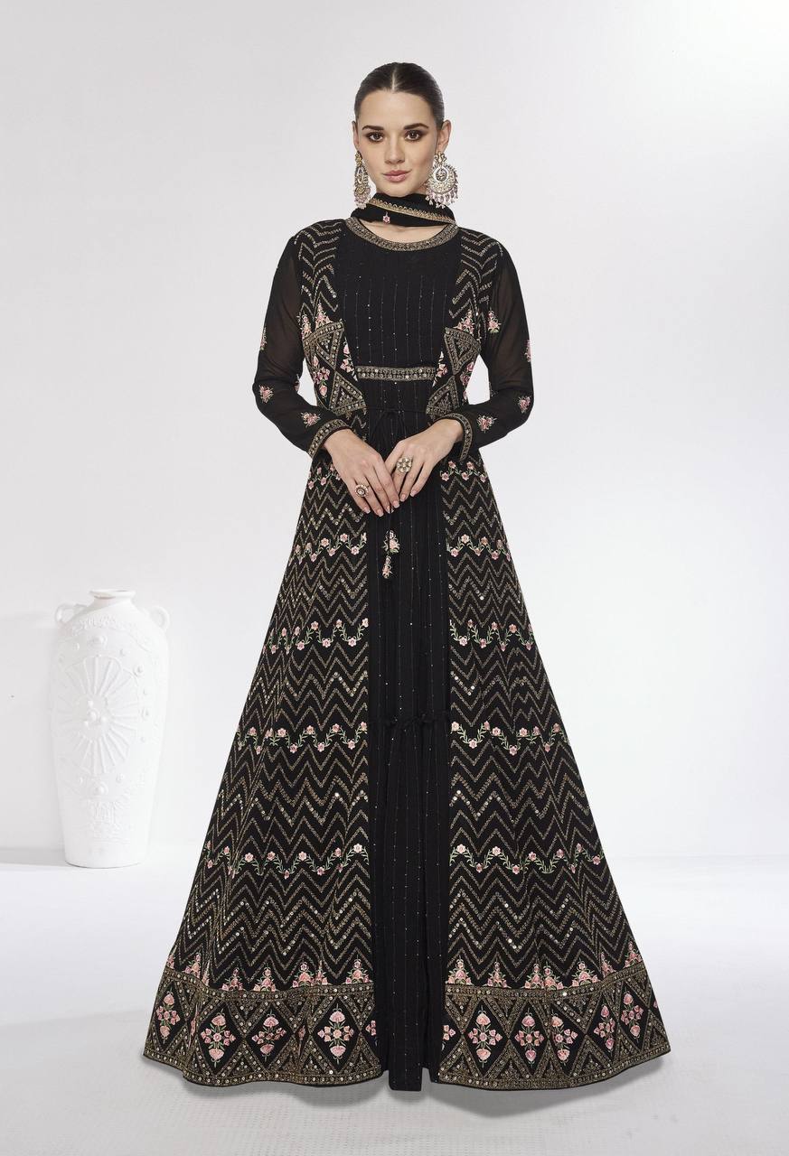 Black Exquisite Embroidered Faux Georgette Top & Jacket Set with Dupatta ClothsVilla Main image
