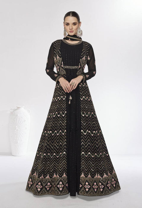 Black Exquisite Embroidered Faux Georgette Top & Jacket Set with Dupatta ClothsVilla Main image