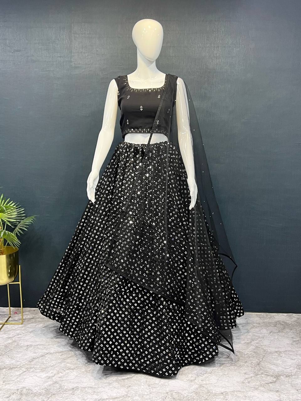 Black Exquisite Heavy Georgette Embroidered Lehenga Set with Sequins & Net Dupatta ClothsVilla