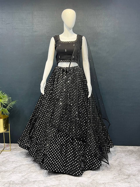 Black Exquisite Heavy Georgette Embroidered Lehenga Set with Sequins & Net Dupatta ClothsVilla Main image