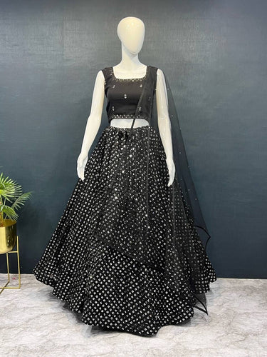 Black Exquisite Heavy Georgette Embroidered Lehenga Set with Sequins & Net Dupatta ClothsVilla