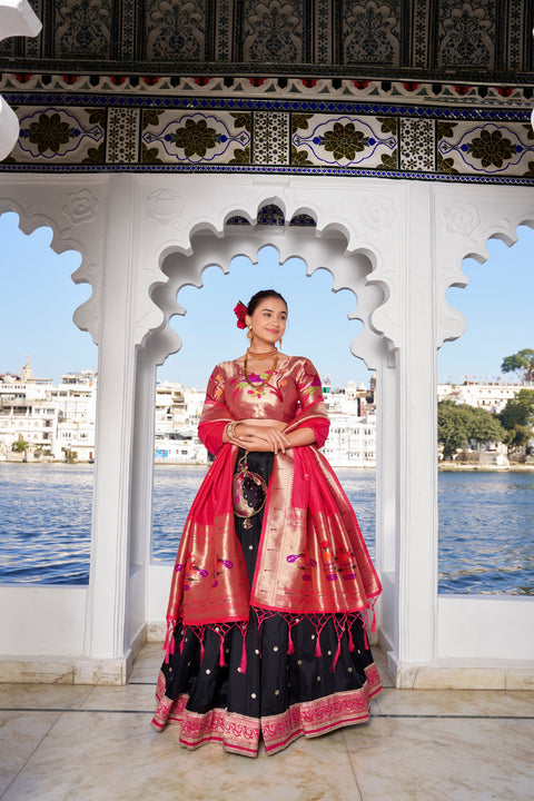 Black Exquisite Jacquard Silk Paithani Lehenga with Zari Weaving Work & Matching Batwa Main image