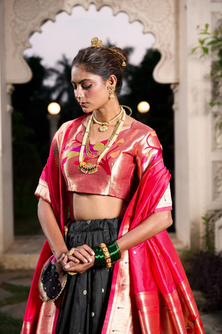Black Exquisite Jacquard Silk Paithani Lehenga with Zari Weaving Work & Matching Batwa ClothsVilla
