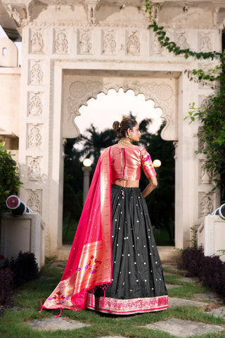 Black Exquisite Jacquard Silk Paithani Lehenga with Zari Weaving Work & Matching Batwa ClothsVilla