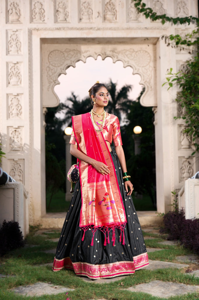 Black Exquisite Jacquard Silk Paithani Lehenga with Zari Weaving Work & Matching Batwa ClothsVilla