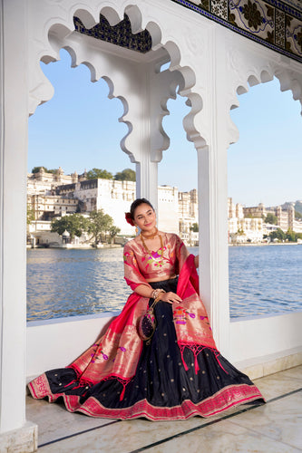 Black Exquisite Jacquard Silk Paithani Lehenga with Zari Weaving Work & Matching Batwa