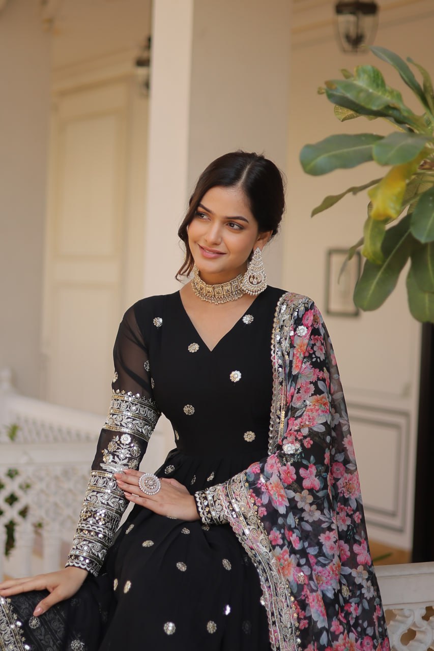 Black Exquisite Premium Designer Faux Georgette Gown with Embroidered Zari Sequins and Tabby Silk Dupatta ClothsVilla