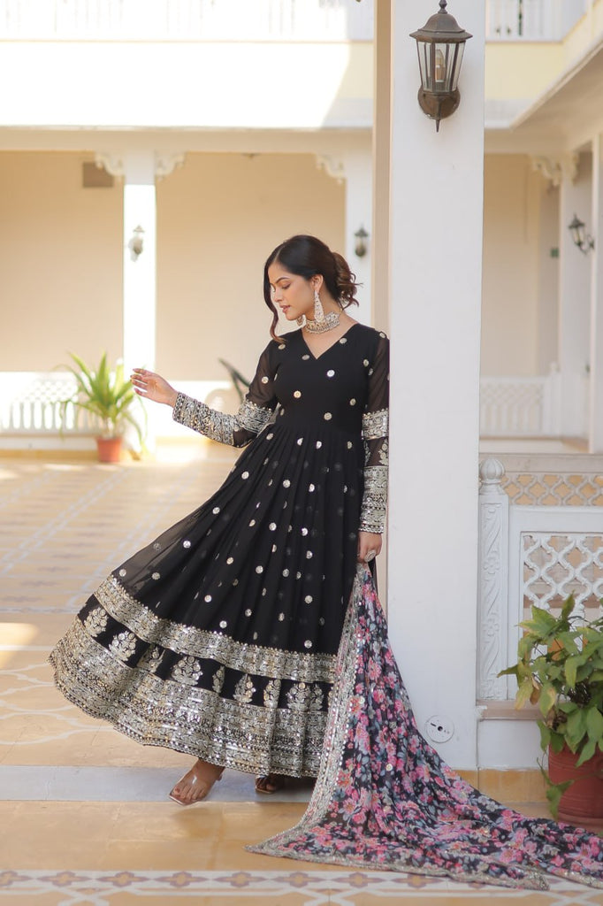 Black Exquisite Premium Designer Faux Georgette Gown with Embroidered Zari Sequins and Tabby Silk Dupatta ClothsVilla