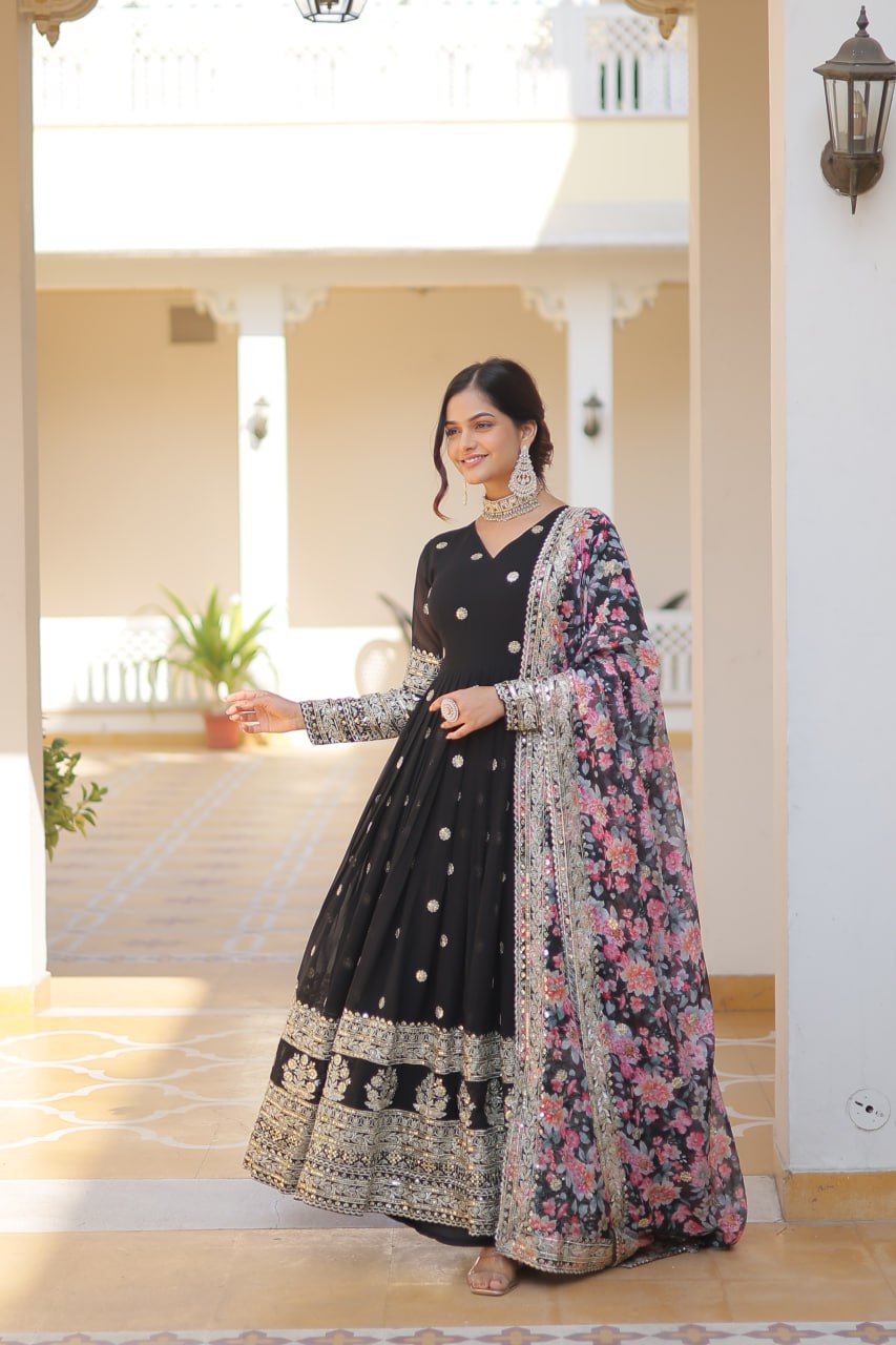 Black Exquisite Premium Designer Faux Georgette Gown with Embroidered Zari Sequins and Tabby Silk Dupatta ClothsVilla