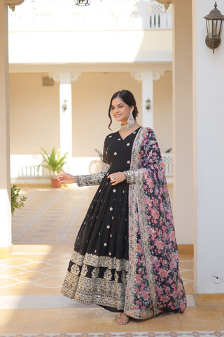 Black Exquisite Premium Designer Faux Georgette Gown with Embroidered Zari Sequins and Tabby Silk Dupatta ClothsVilla