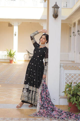 Black Exquisite Premium Designer Faux Georgette Gown with Embroidered Zari Sequins and Tabby Silk Dupatta ClothsVilla