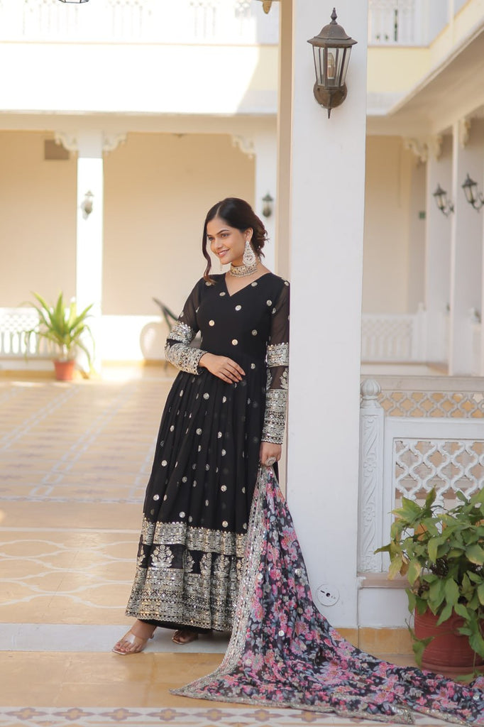 Black Exquisite Premium Designer Faux Georgette Gown with Embroidered Zari Sequins and Tabby Silk Dupatta ClothsVilla