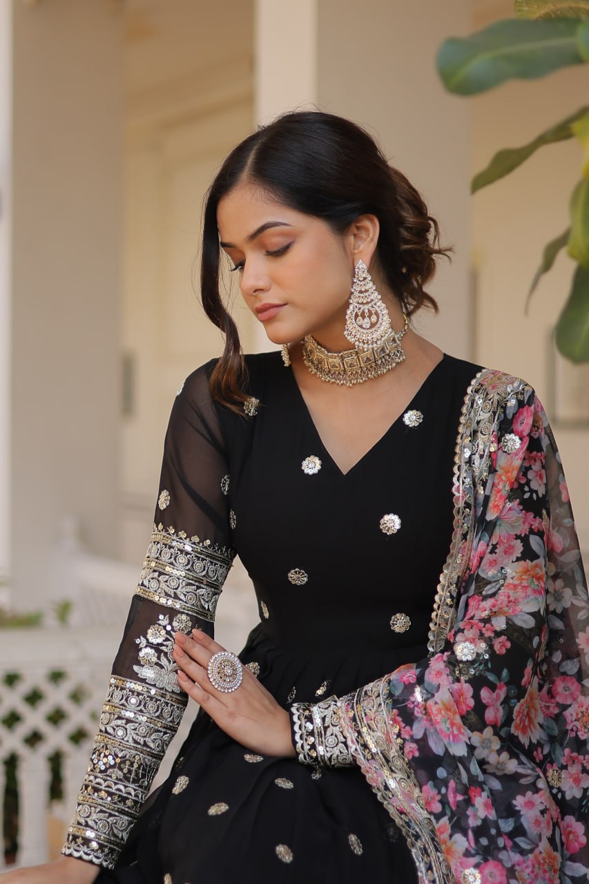 Black Exquisite Premium Designer Faux Georgette Gown with Embroidered Zari Sequins and Tabby Silk Dupatta ClothsVilla