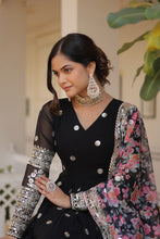 Load image into Gallery viewer, Black Exquisite Premium Designer Faux Georgette Gown with Embroidered Zari Sequins and Tabby Silk Dupatta ClothsVilla